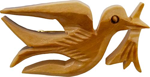 Logos Trading Post Holy Land Olive Wood Pendant Pin, Holy Spirit Dove with Olive Wood Branch, Hand Carved Olive Wood Pin from Jerusalem