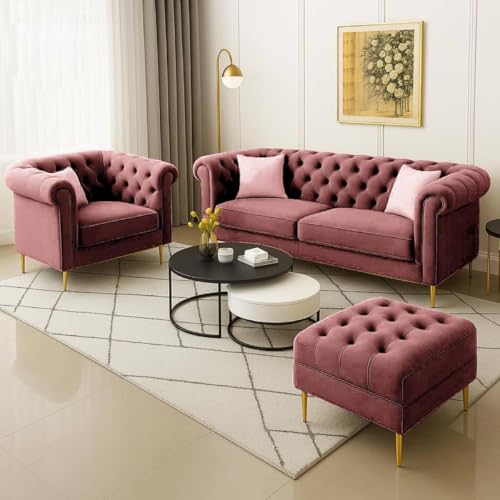 Image of Classic 3+1= 4 Seater with Footrest Seater Sofa Set Luxury Chesterfield Modern Fahionalable Sleeper Sofa for Living Room, Dining Room, (ASHROSE A1)