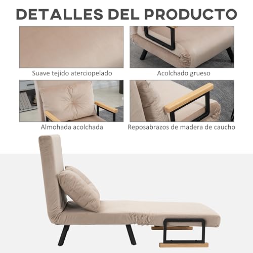 Miniatura 6 de Homcom Sofá Cama De 1 Plaza 4 En 1 Sofá Cama Plegable Tapizado En Terciopelo Con Respaldo Ajustable De 5 Niveles Y Almohada Acolchada Para Oficina Dormitorio Salón 63x73x81 Cm Beige