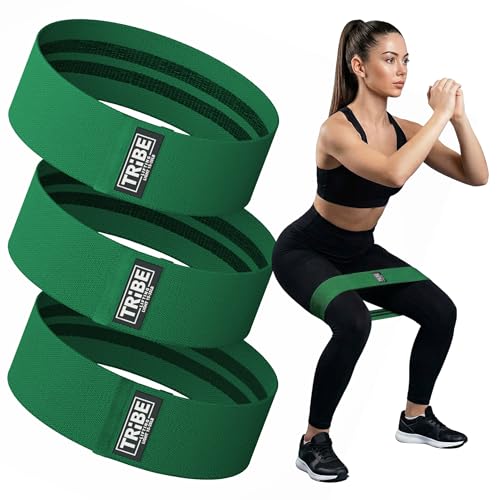 Tribe Lifting Resistance Bands for Working Out - 3 Pack Fabric Workout Bands for Women and Men - Booty Bands for Legs and Glute - Non Slip Exercise Bands Set for Squat Hip Thigh (Green)