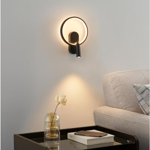 Image of KOSILUM Lona – Black Double Light Wall Light with Central Reading Light – Warm White Light Living Room Bedroom Kitchen Hallway – 15 W – 1650 lm – Integrated LED – IP20