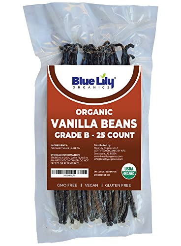 Organic Madagascar Vanilla Beans - Whole Extract Grade B Vanilla Pods for making Homemade Vanilla Extract Paste, Baking, Brewing, Coffee, and Cooking 25 Ct