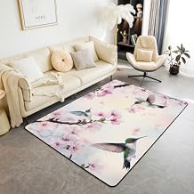 Erosebridal Floral Hummingbird 3X5 Carpet Hummingbird Wildlife Area Rug Japanese Cherry Blossom Indoor Floor Mat Romantic Birds Animal Rectangular Carpet Pink Flowers Decorative Rug