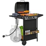 Outsunny 2+1 Burner Propane Gas BBQ Grill with Side Burner, Thermometer, Portable Gas Barbecue Grill with Lid, Side Table, Wheels, Shelf, Spice Rack, Grease Cup for Garden, Black