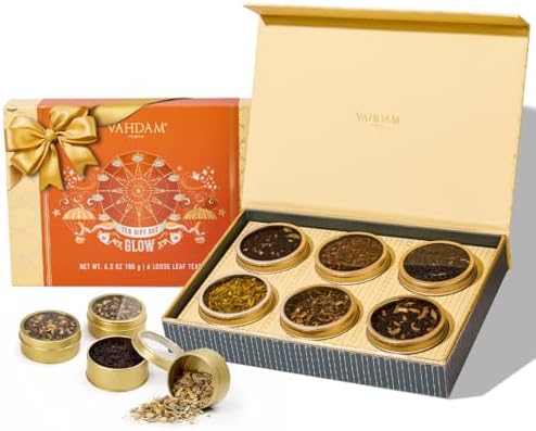 VAHDAM, GLOW - Assorted Tea Gift Set (6 Loose Leaf Tea) Tin Caddy Presentation Box | Gluten Free, Non GMO | Tea Gift Set for Women & Me
