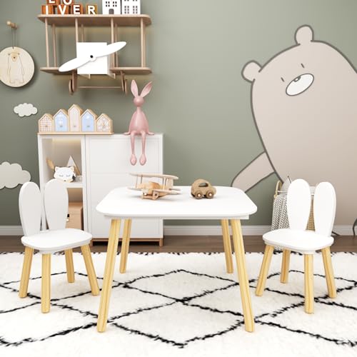 Image of Wood Table & Chairs 3 Pieces Set, Boys Girls Activity Table w / 2 Animal Shaped Chairs, Solid Wood Legs, Safe Rounded Corners, Playroom Furniture for Boys & Girls Activity Dining Drawing Craft.