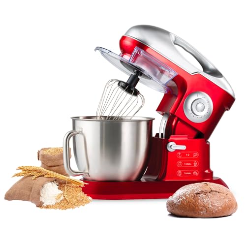 Avilia - Robot de cocina multifunción con 10 velocidades y 3 accesorios incluidos - Amasadora planetaria con cuenco de 8 litros y motor de 1900 W, ideal para pizza y pan, rojo