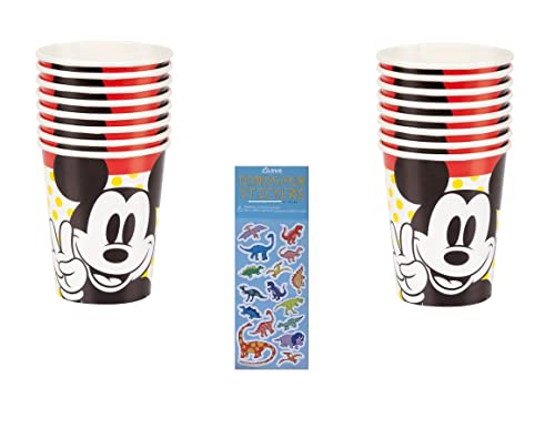 Unique Mickey Mouse Birthday Party Supplies Bundle Pack Includes Party Paper Cups - 16 Count And 1 Dinosaur Sticker Sheet #TOP16