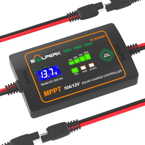 Image of SOLPERK 10A 12V MPPT Solar Charge Controller with LCD Display, Intelligent Solar Panel Controller Portable Solar Panel Regulator for Gel AGM Lead-Acid Lithium LiFePO4 Battery