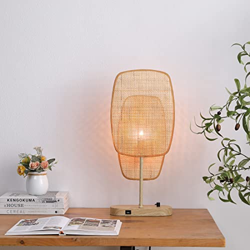 Amud - Table Lamp, 1-Light With Bamboo Wicker Panels Wood Finish, Beige #TOP1