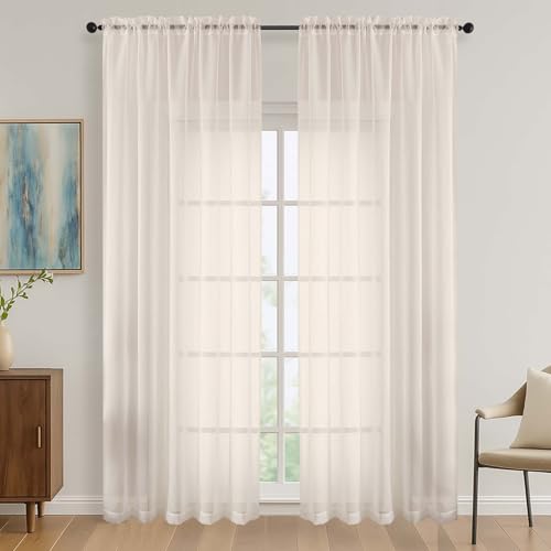 Image of Cream Bedroom Curtains 2 Panel Sets 90 Inch Length, 59 Inch Extra Wide Light Filtering Light Weight Soft Window Treatment Panels for Study Room Living Room Guest Room, 59Wx90L Inches