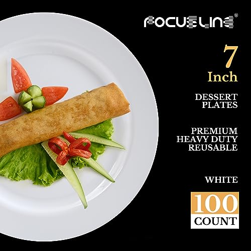 Focusline FL100-7WHITEPLATES 100 Count White Plastic Plates 7 Inch, Disposable Heavy Duty Plastic Dessert Plates- Premium Hard Plastic Plates Fancy Disposable White Plates thumb #1