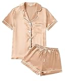 Pijama feminino de manga curta com botões macios, conjunto de 2 peças de shorts de cetim, Damasco, G