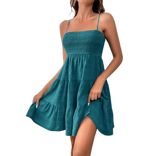 Sommerkleid Damen Kurz Elegant Spaghettiträger Strandkleid Sommer Leichte Freizeitkleid Lässig Ärmellos Minikleid A-Linie Kleid Einfarbig Swing...
