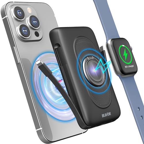 BLAVOR Portable Charger, 10000mAh Magnetic Wireless Power Bank Built-in Cables with iWatch Charger, Intelligent Charging Mode, Battery Pack for iPhone 15/14/13 Series, Apple Watch Ultra 9/8/7/6/se