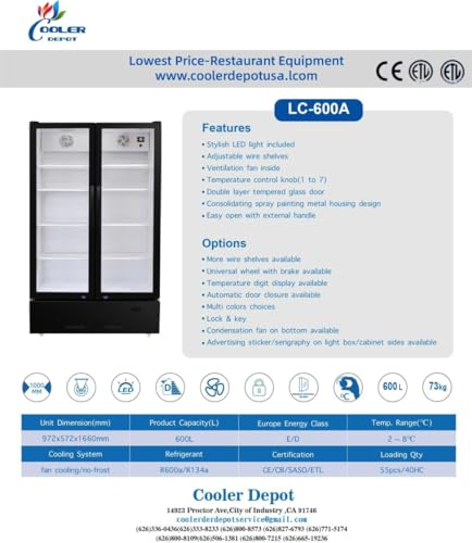 Commercial Refrigerator Glass 2-Door Merchandiser Display Cooler, Beverage Drink Cooler 67"Height Low Profile,ETL NSF Certified, 38 inches width, 21 cuft 110V, Restaurant LC-600 - Image 4