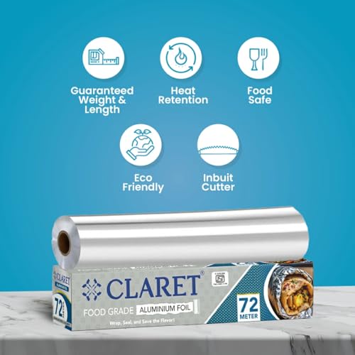 Image of Claret Aluminium Foil 72 Meter | Food-Grade, Extra Strong & Durable | Retains Freshness & Keeps Food Warm | Ideal for Wrapping, Baking, Grilling & Storing Food (Pack Of 1)