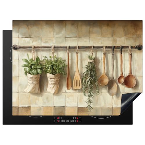 KitchenYeah© Protector Vitroceramica 71x52 cm Tapa para induccion Placa Encimera Cubre de Protectora Cocina Madera - Utensilios de Cocina - Bodegón - Azulejos