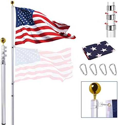 25FT Telescoping Flag Pole Kit, Extra Thick Heavy Duty Telescopic Flagpole Fly 2 Flags, Outdoor Aluminum Inground Flag Poles with 3x5 American Flag, Golden Ball Top for Residential,Yard or Commercial