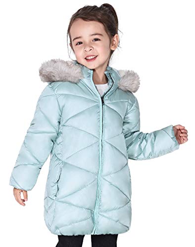 SOLOCOTE Girls Winter Coats Hooded Sherpa Lined Lightweight Jacket Thick Warm Puffy Waterproof Windproof Cotton Shiny Jackets 170763 Green 9-10Y