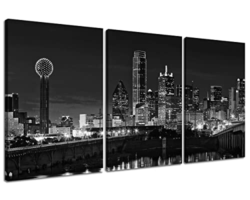 NAN Wind 3 Pcs Black & White Canvas Art - Dallas Skyline Downtown Cityscape Night Scene Picture Prints On Canvas for Home Decor