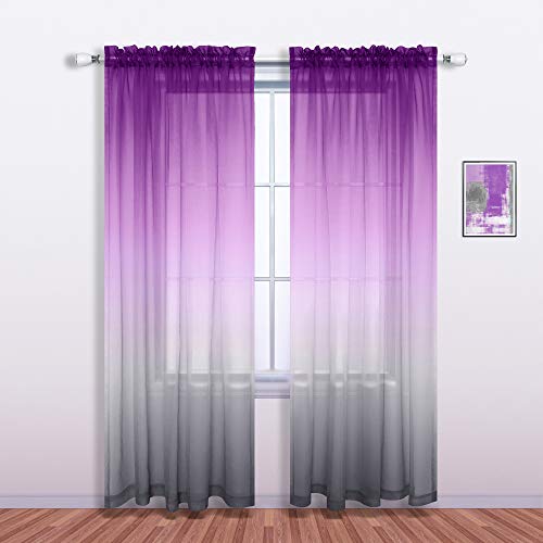 Purple and Grey Curtains for Bedroom Decor Set of 1 Single Sheer Panel Pocket Ombre Decorative Curtains for Living Room Kids Girls Decorations 52 x 63 Inch Length Royal Lilac and Gray