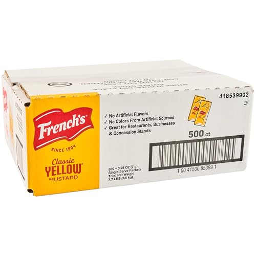 French’s Yellow Mustard, Classic, Single Serve Packets, Stone-Ground #1 Grade Mustard Seeds, Product of the USA, Gluten Free, No Artificial Flavors, 500 count