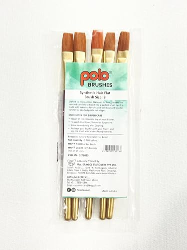 Image of polo Synthetic Hair Flat Brushes 8 | Pack of 5 | Professional Fine Edge Paintbrush Set for Acrylic, Watercolor & Oil Painting | Soft Bristles for Smooth & Even Strokes