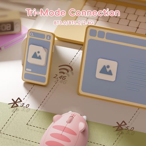 Grazioso mouse wireless con tema gatto, Mice rosa, Mice tri-mode Bluetooth 3.0/5.0/2.4G con ricevitore USB A, clic silenzioso, mouse cartoon per laptop/PC (Pink Angie) - Gadget - Immagine 1