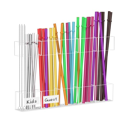 Napute 9.5” Large Acrylic Straw Holder for Cabinet Door, Reusable Straw Organizer Tumbler Storage with Stickers, Small Kitchen Accessories Container, Ultra Sticky Cupboard Door Mounted, Transparent