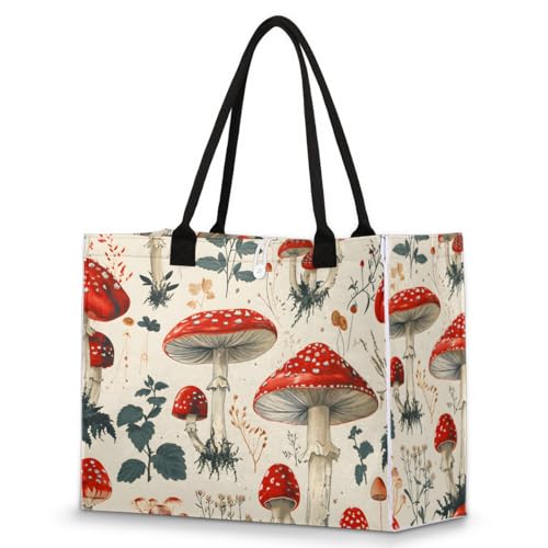 Red Mushroom Patterns Tote Bag for Women Large Beach Bag Reusable Tote Bags for Work Travel Beach Shopping
