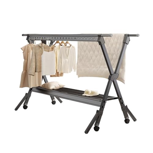 Tendedero Ajustable Para Ropa, Tendales de Ropa Plegable Con Ruedas, Aleación de Aluminio Engrosada, Con Gancho Antiviento, Para Colgar Calcetines Ropa, Ahorro de Espacio, Tendedero Plegable(Noir,130c