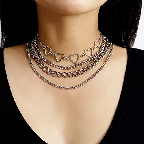 Simple Heart Necklace Lolita Choker Chain Layered Cuban Chunky Silver Chain Necklace For Women Men Girls Chic Y2K Clothes Jewelry (Silver 1) #TOP1