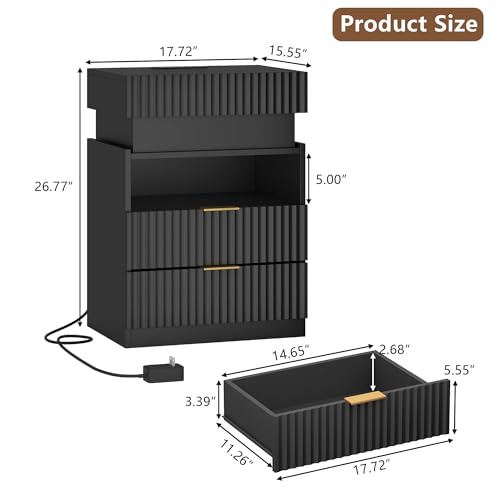 Night Stand with Wireless Charging Station, Black Bedside Table with Hidden Gun Drawer & LED Lights, Modern End Table with 2 Drawers, Fluted Nightstands with Open Storage Shelf for Bedroom - Thumbnail 2