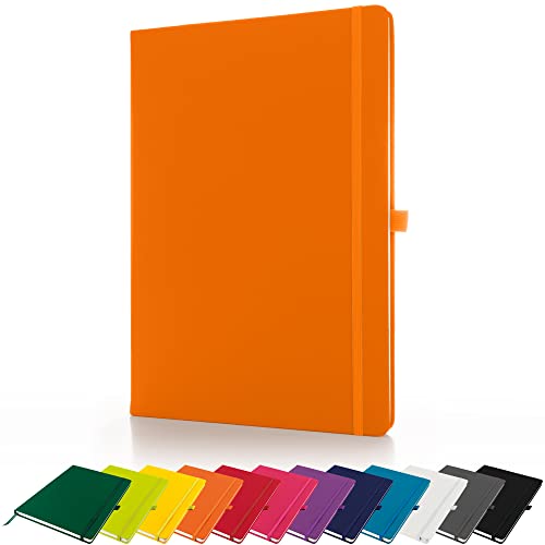 Savvy Bee Premium A4 Notebook New Lined Hardback Journal with Pen Loop,196 Page, Elastic Closure and Ribbon Marker Notepad Note Book Notes Pad (Orange)