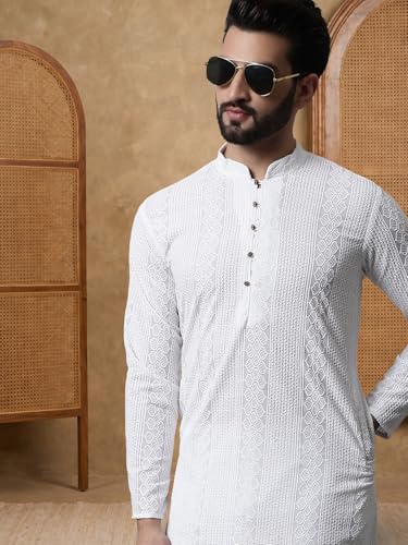 Image of Jompers Embroidered Cotton Kurtas for Men (White, 4XL)