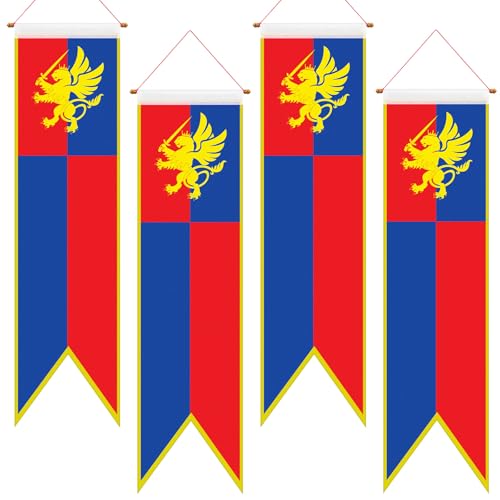 Oudain 4 ft Medieval Fantasy Pull-down Banner with Lion Design Hanging Party Bunting Banner Medieval Party Decorations Garden Cutouts Flag for Castle Theme Festival Birthday Decor(4 Pcs)