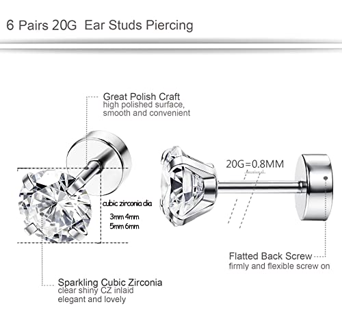 ORAZIO 18G 20G Hypoallergenic Flat Back Earrings for Women Men Surgical Stainless Steel Stud Earrings Cubic Zirconia Flatback Studs Cartilage Earring for Sensitive Ears