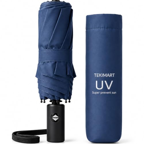 TEKIMART, UV Protection Umbrella for Sun & Rain with SPF 50+ Coating, Auto Open Close, Windproof Strong Frame, Large Big Canopy, 3 Fold Compact Travel Umbrella for Men Women Kids, Lightweight Portable with Cover Case (Navy Blue)