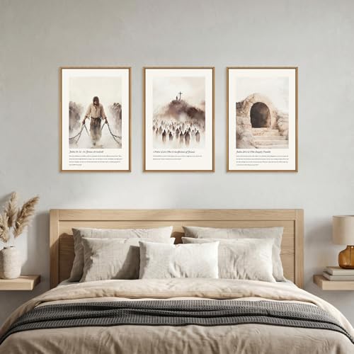 Image of KAIRNE Jesus Christian Framed Canvas Wall Art Set,Neutral Bible Verses Wall Decor,Modern Religious Scripture Art Prints,Christ Cross Empty Tomb Artwork for Living Room,Bedroom,Church,Office-16 x24 x3