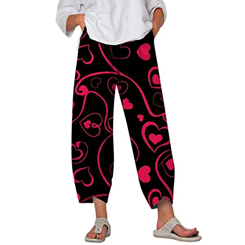 WOYAOFEI Pantalones de mujer de algodón y lino, 7/8 de largo con cintura elástica, corte holgado, rectos, cintura alta, estampado vintage, para San Valentín, con bolsillos, Negro-1., S Cover