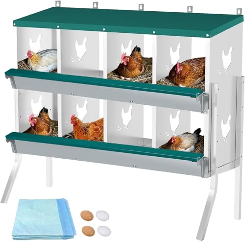 Chicken Nesting Box 8 Compartment with Legs10 Pet Moisture Pads and 4 Fake Eggs Roll Away Egg Collection, Perch, Lid Cover for Egg Protection - Wall Mount Nest Box for Chickens, Hens, Ducks