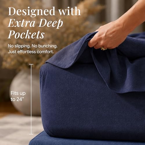 Image of Tribeca Living Cal King Cotton Flannel Flat Sheet Only 170-GSM - Oversized 112 x 106 Inch Dimensions for Generous Bed Coverage - Soft Breathable Bedding in Dark Blue