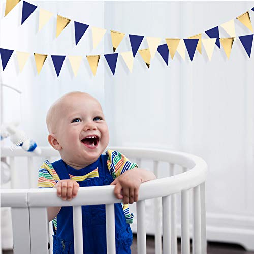 30Ft Navy Blue Gold And Beige Party Decorations Royal Blue Gold Triangle Flag Pennant Banner Bunting For Graduation Birthday Wedding Bridal Shower Nautical Ahoy Achor Theme Party Decorations Supplies #TOP4