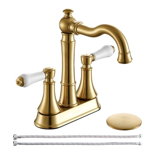 Roffenny Porcelain 2-Handle Brushed Gold Bathroom Faucet 4 inch Centerset with Plastic Pop-up Drain and 2Pcs Water Supply Lines, Classical Gold Vanity Sink Faucets for 3 Holes, 360° Swivel Spout by ROFFENNY - Used condition - US$63.98