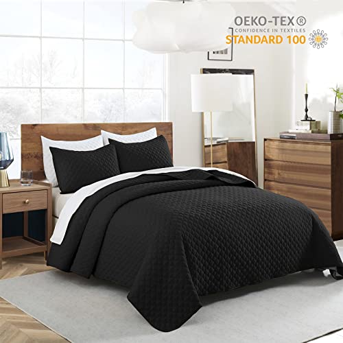 Quilt Set Queen Size Black Bedspread, Modern Style Quilted Clouds Pattern Soft Coverlet Set Lightweight Microfiber Quilted Bedspread For All Season, 3 Pieces Includes 1 Quilt And 2 Pillow Sham #TOP3