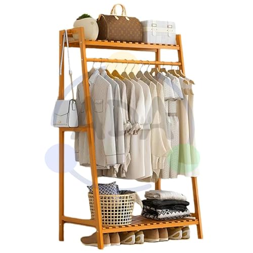 Image of ADA Premium Natural Bamboo Cloth Stand With Rack, Top Shelf & Shoe Stand With 2 Hook Clothing Storage Organizer Shelves For Hallway, Living Room, Guest Room (80 x 40 x 140cm)