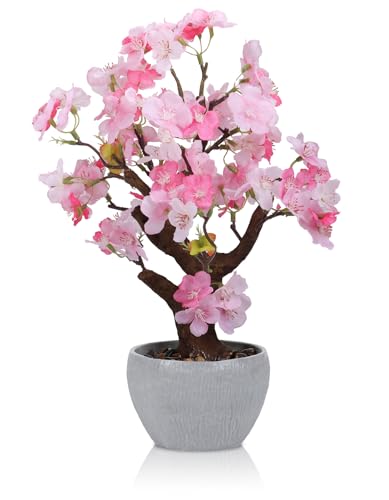 TOARTi Artificial Pink Cherry Blossom Potted Plant with Stone Pot, 13.4" Tall Fake Flowers Faux Plant Desk Decor, Realistic Decorative Plants Indoor Decor for for Home Bedroom Bathroom Office Desk