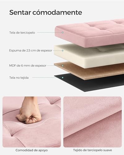Miniatura 5 de Songmics Puff Almacenaje, Banco De Almacenamiento De Terciopelo Plegable, Taburete Reposapiés, 38 X 38 Cm, Carga De 300 Kg, Para Entrada, Sala De Estar, Dormitorio, Rosa Jalea Lsf227r01
