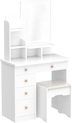 Miniatura 12 de FUFU&GAGA Juego de tocador con espejo rectangular, tocador de maquillaje con 5 cajones, estantes, tocador y taburete acolchado (B blanco/espejo